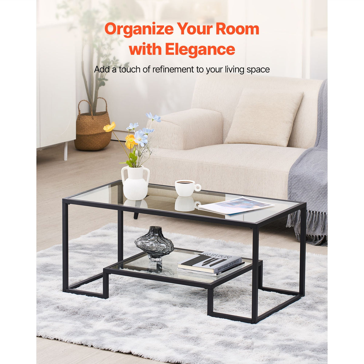 Coffee Table, Modern Tempered Glass Coffee Table, 2 Tiers Rectangle Glass Center Desk with Open Storage, Minimalist Sturdy Metal Frame Accent End Desk for Living Room, Office, Easy Assembly