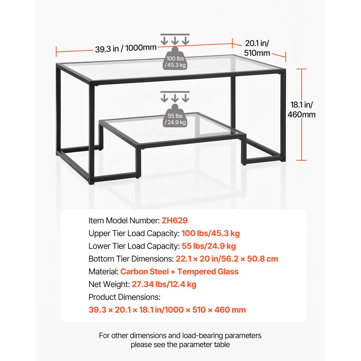 Coffee Table, Modern Tempered Glass Coffee Table, 2 Tiers Rectangle Glass Center Desk with Open Storage, Minimalist Sturdy Metal Frame Accent End Desk for Living Room, Office, Easy Assembly