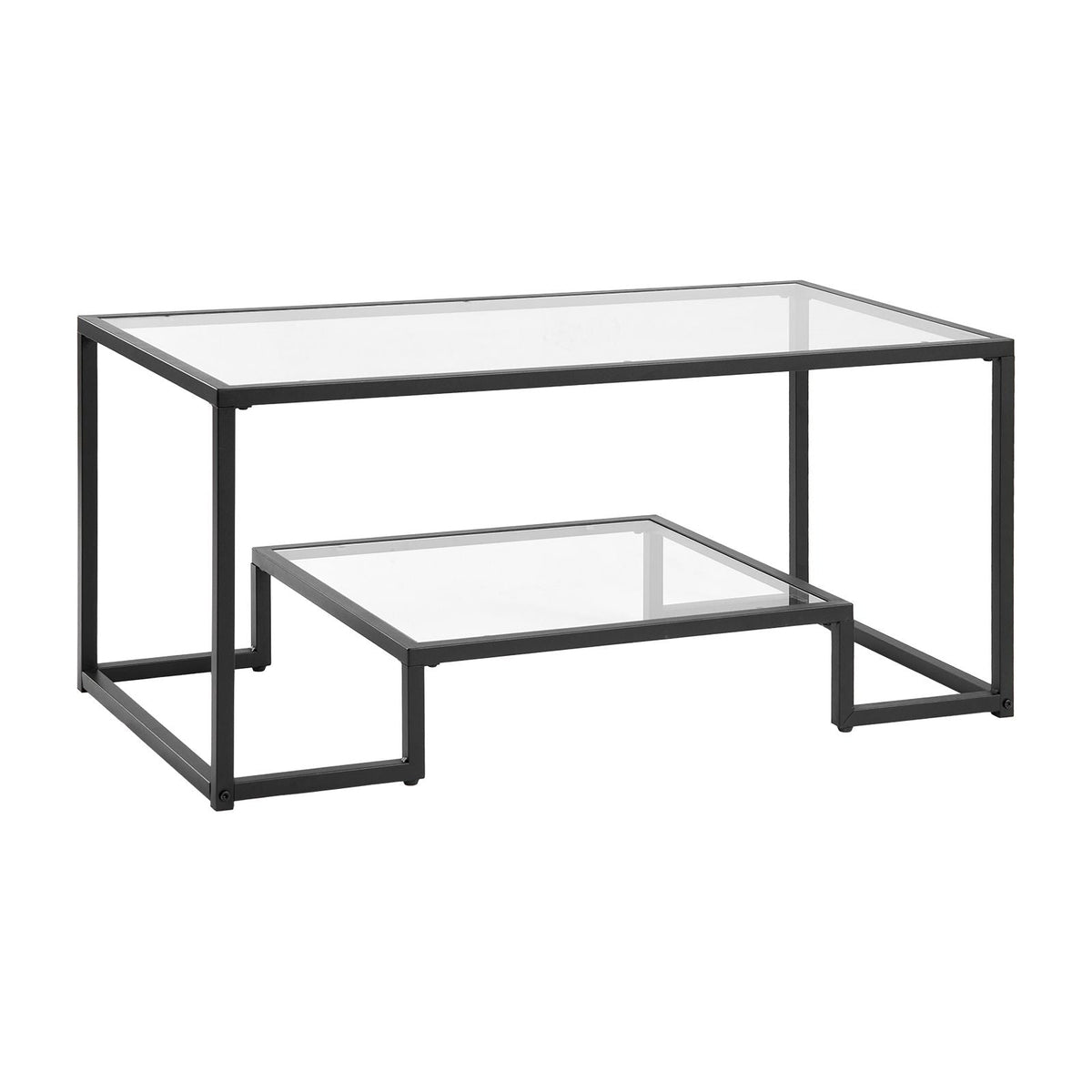Coffee Table, Modern Tempered Glass Coffee Table, 2 Tiers Rectangle Glass Center Desk with Open Storage, Minimalist Sturdy Metal Frame Accent End Desk for Living Room, Office, Easy Assembly