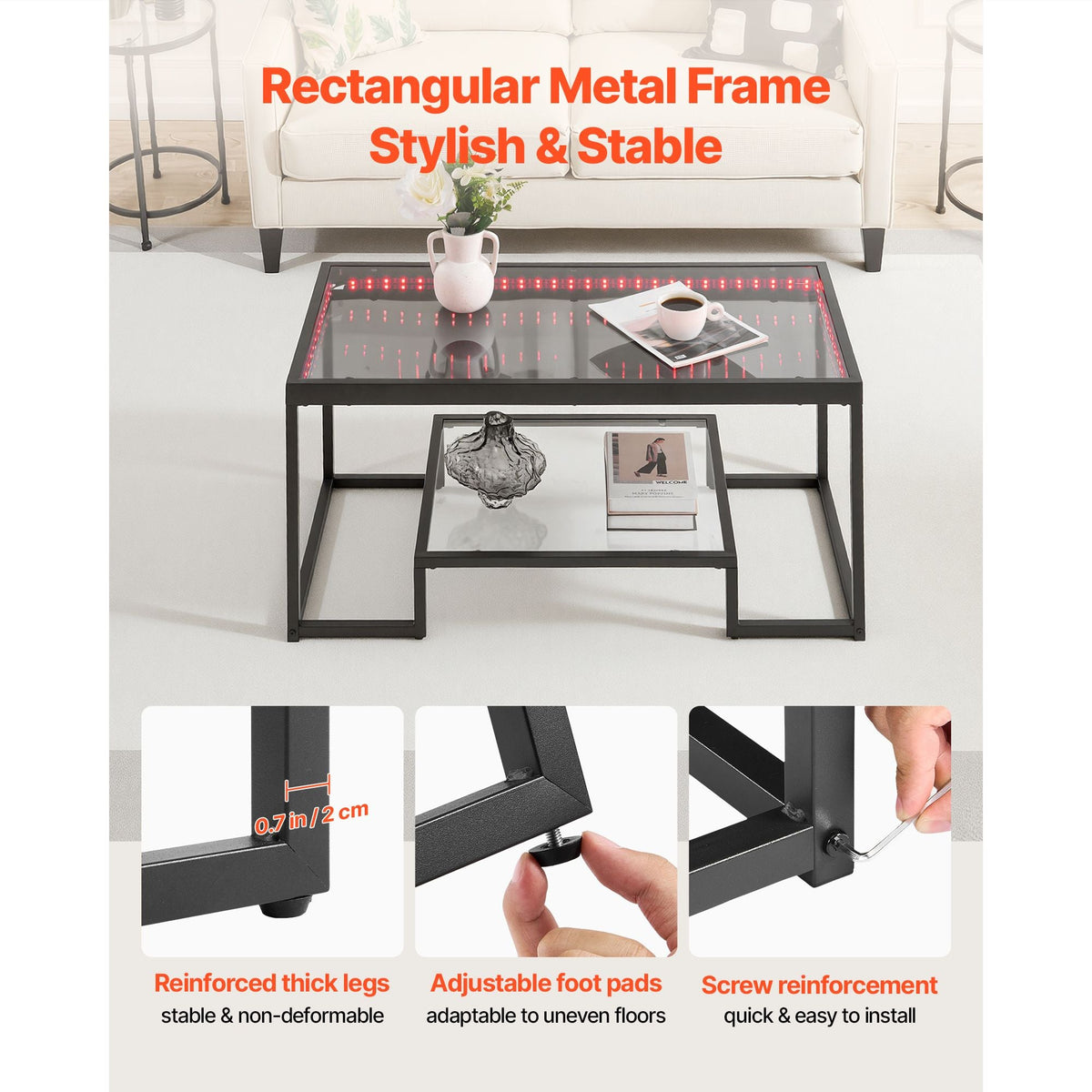Coffee Table, Modern Tempered Glass Coffee Table with Lighting, 2 Tiers Rectangle Glass Center Desk with Open Storage, Minimalist Metal Accent End Desk for Living Room, Office, Easy Assembly
