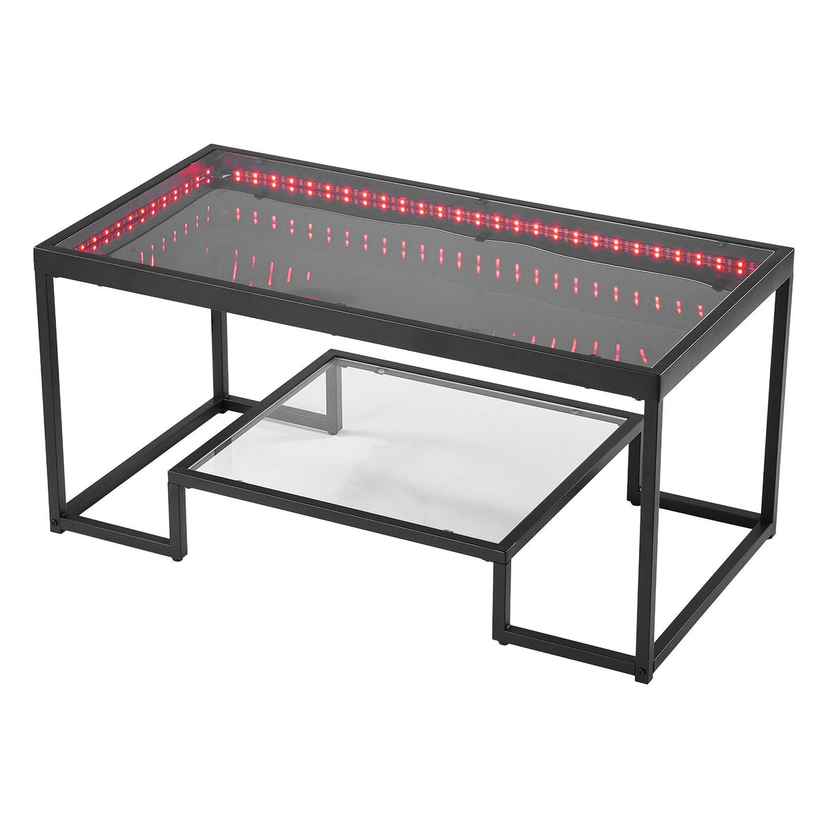 Coffee Table, Modern Tempered Glass Coffee Table with Lighting, 2 Tiers Rectangle Glass Center Desk with Open Storage, Minimalist Metal Accent End Desk for Living Room, Office, Easy Assembly