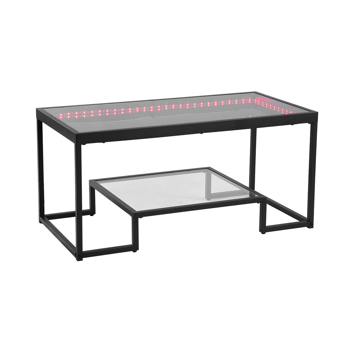 Coffee Table, Modern Tempered Glass Coffee Table with Lighting, 2 Tiers Rectangle Glass Center Desk with Open Storage, Minimalist Metal Accent End Desk for Living Room, Office, Easy Assembly
