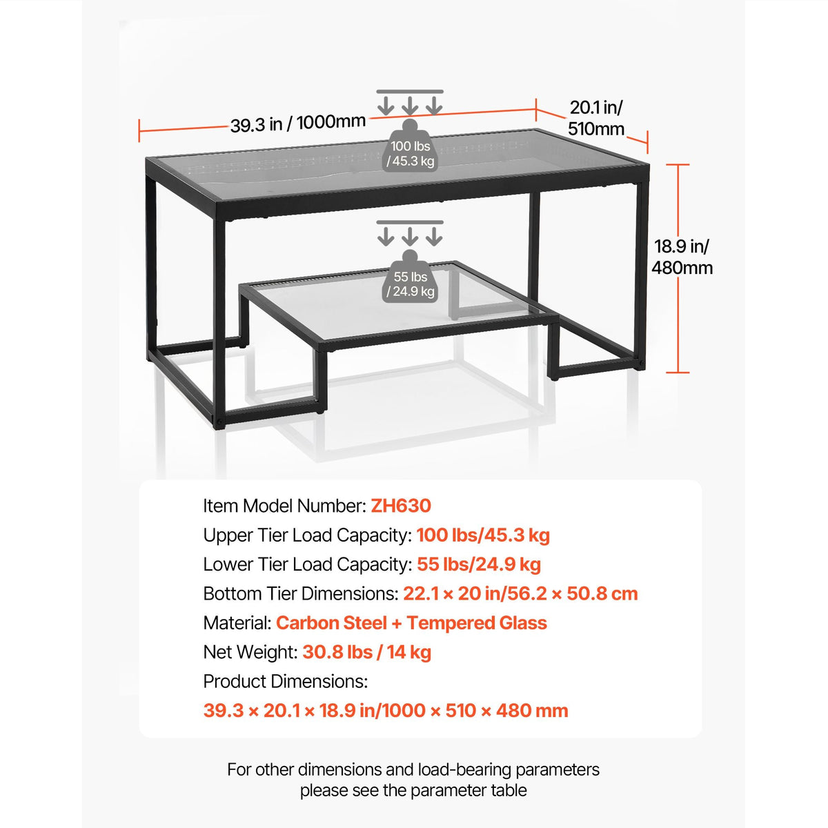Coffee Table, Modern Tempered Glass Coffee Table with Lighting, 2 Tiers Rectangle Glass Center Desk with Open Storage, Minimalist Metal Accent End Desk for Living Room, Office, Easy Assembly