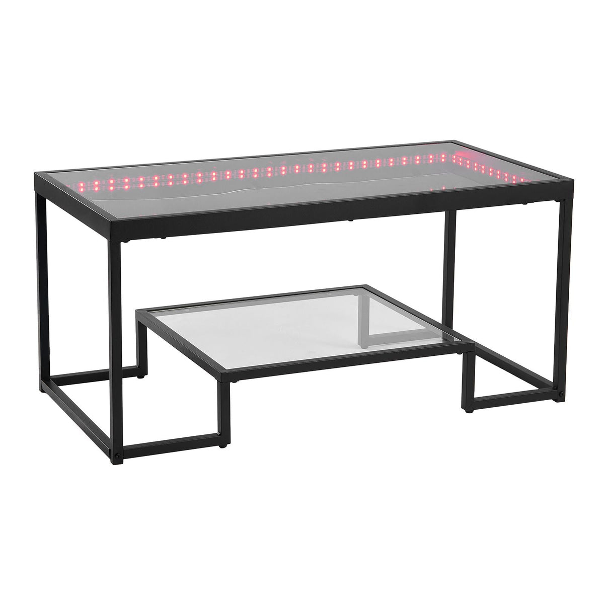 Coffee Table, Modern Tempered Glass Coffee Table with Lighting, 2 Tiers Rectangle Glass Center Desk with Open Storage, Minimalist Metal Accent End Desk for Living Room, Office, Easy Assembly