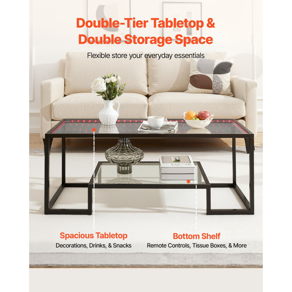 Coffee Table, Modern Tempered Glass Coffee Table with Lighting, 2 Tiers Rectangle Glass Center Desk with Open Storage, Minimalist Metal Accent End Desk for Living Room, Office, Easy Assembly