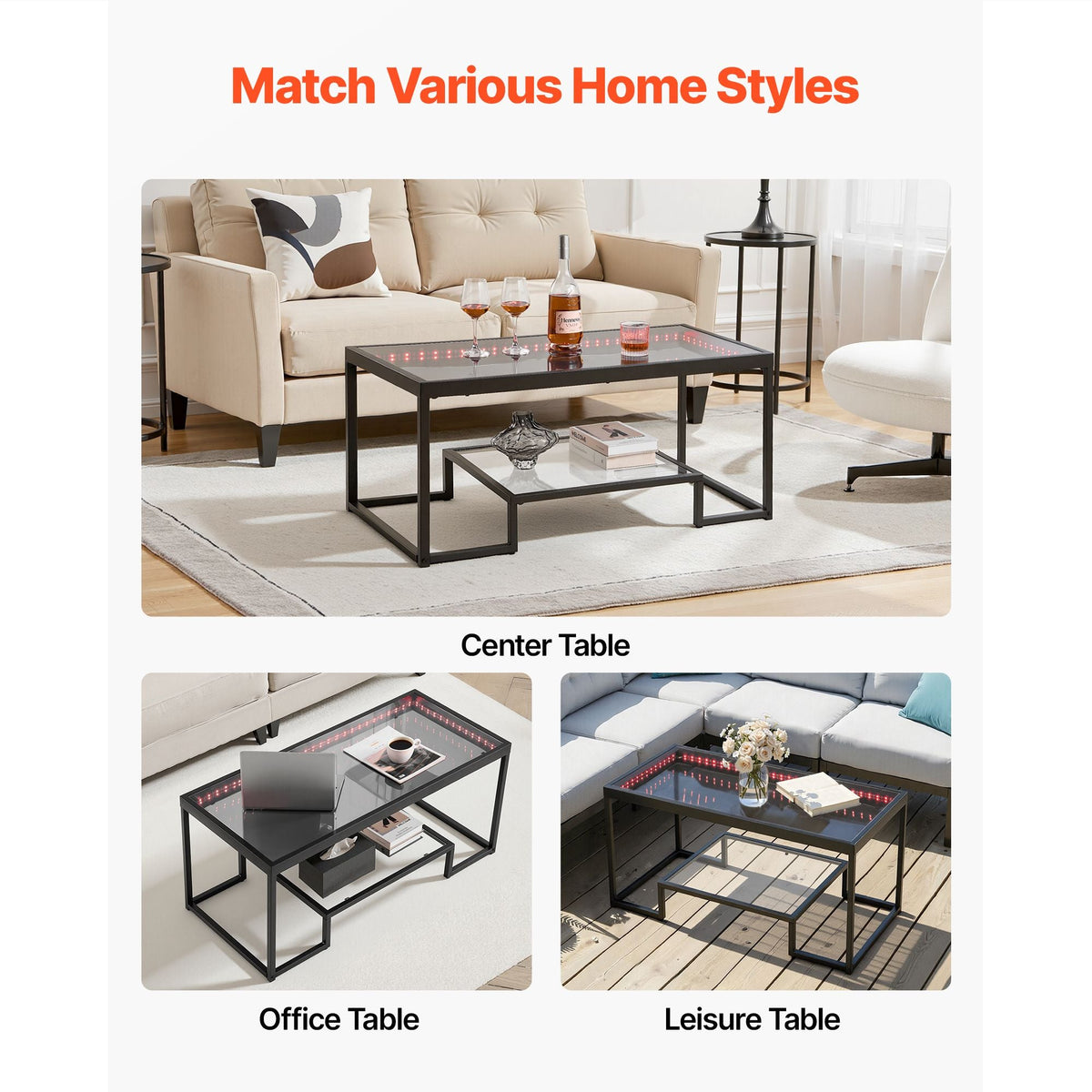 Coffee Table, Modern Tempered Glass Coffee Table with Lighting, 2 Tiers Rectangle Glass Center Desk with Open Storage, Minimalist Metal Accent End Desk for Living Room, Office, Easy Assembly
