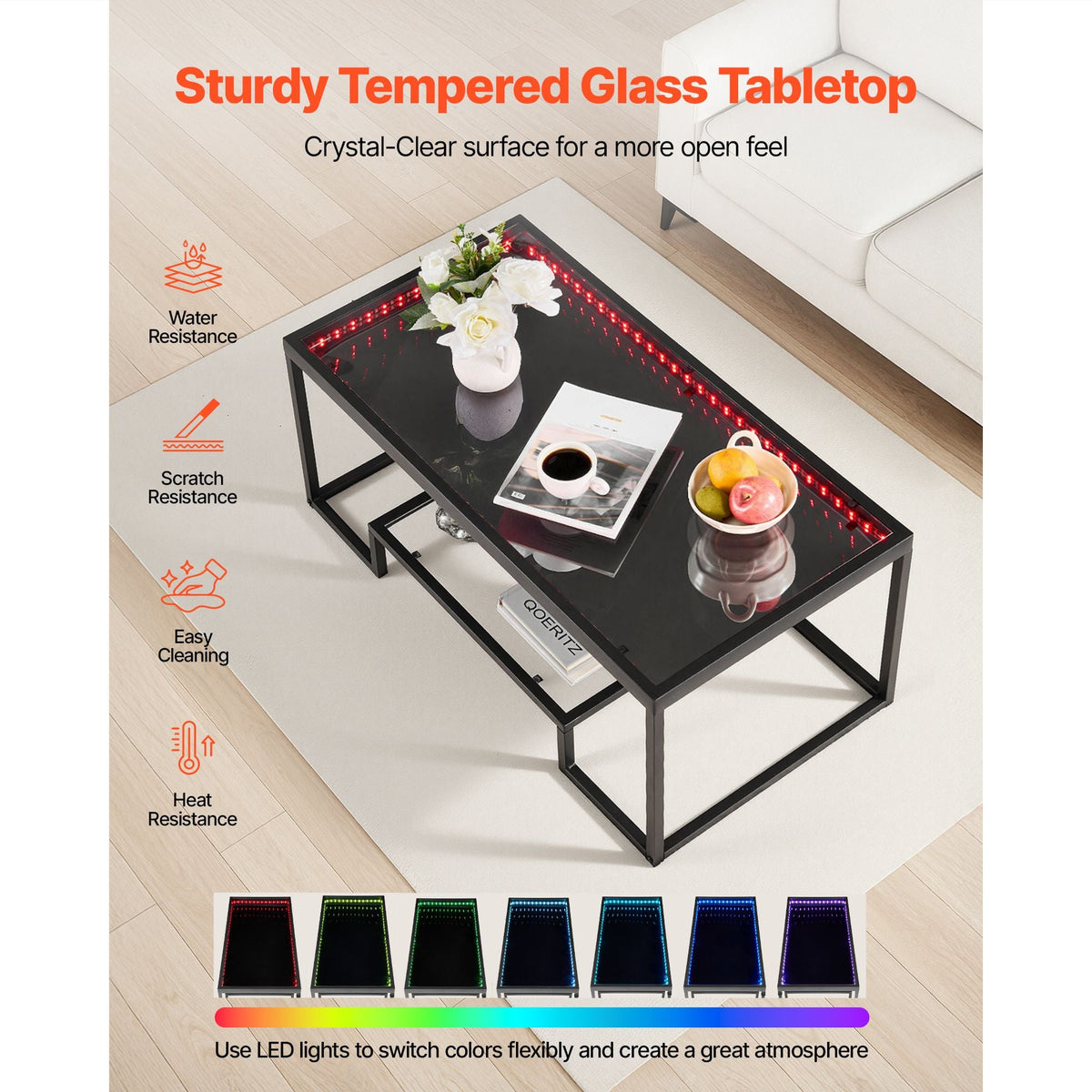 Coffee Table, Modern Tempered Glass Coffee Table with Lighting, 2 Tiers Rectangle Glass Center Desk with Open Storage, Minimalist Metal Accent End Desk for Living Room, Office, Easy Assembly