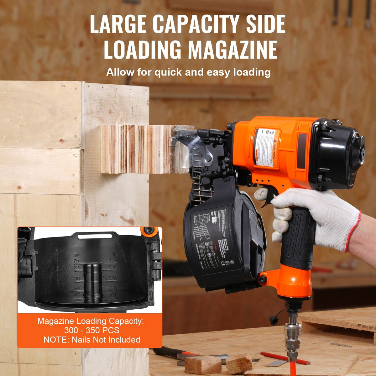 Coil Siding Nailer MCN55, 1 inch to 2-1/4 inch 15 Degree Pneumatic Siding Nail Gun, 70-120PSI Air Coil Nailer for Siding, Pallet Sheathing, Fencing, Decking