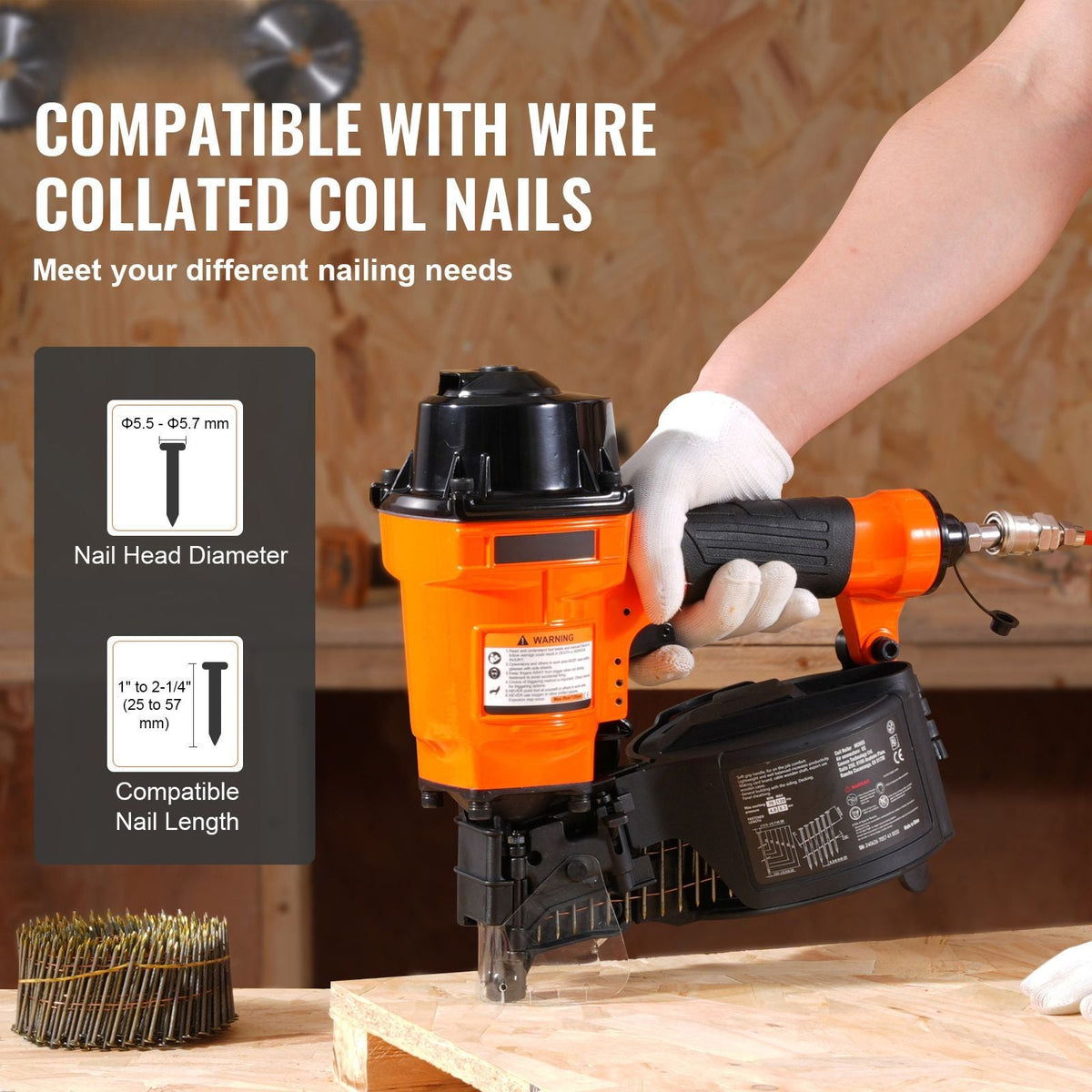 Coil Siding Nailer MCN55, 1 inch to 2-1/4 inch 15 Degree Pneumatic Siding Nail Gun, 70-120PSI Air Coil Nailer for Siding, Pallet Sheathing, Fencing, Decking