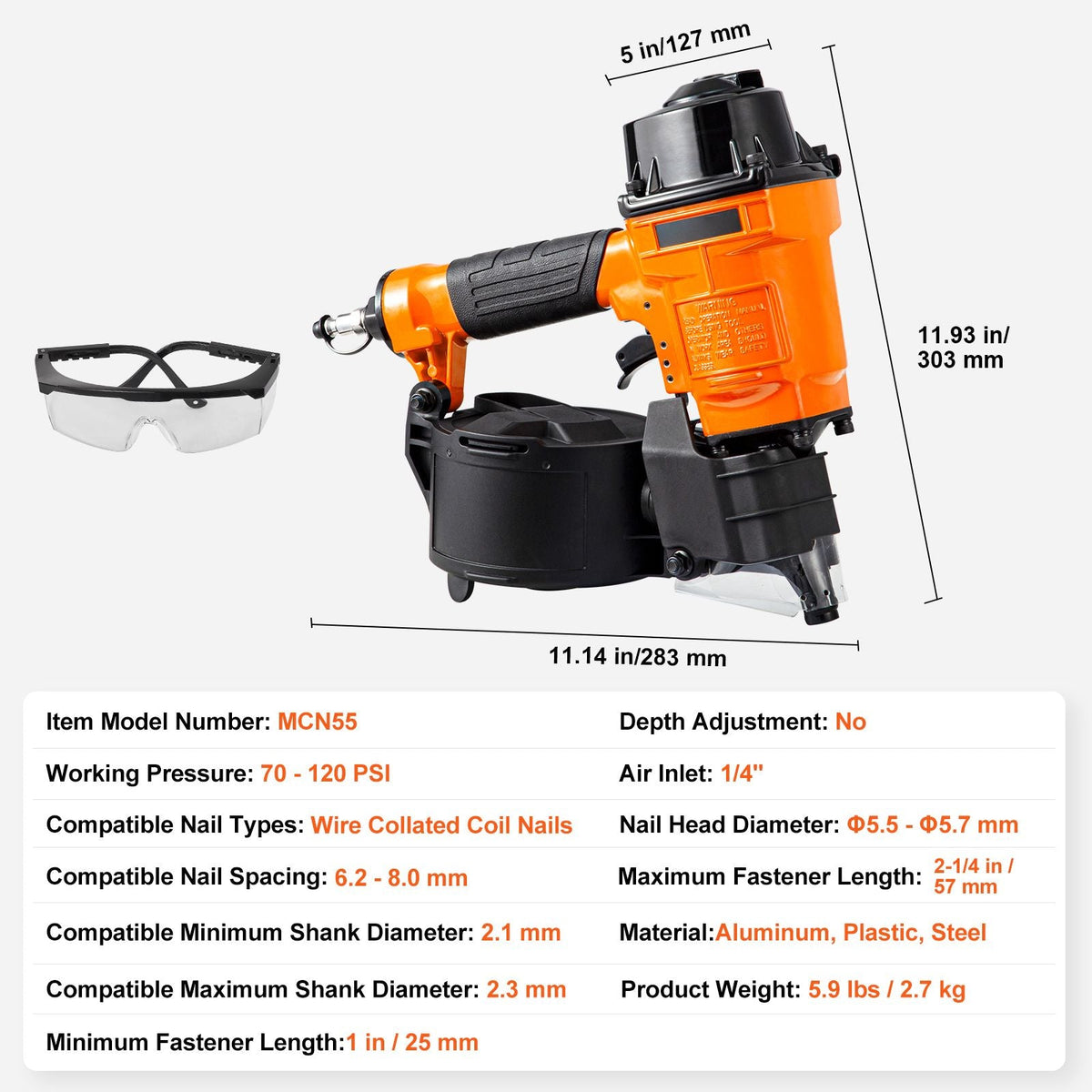 Coil Siding Nailer MCN55, 1 inch to 2-1/4 inch 15 Degree Pneumatic Siding Nail Gun, 70-120PSI Air Coil Nailer for Siding, Pallet Sheathing, Fencing, Decking