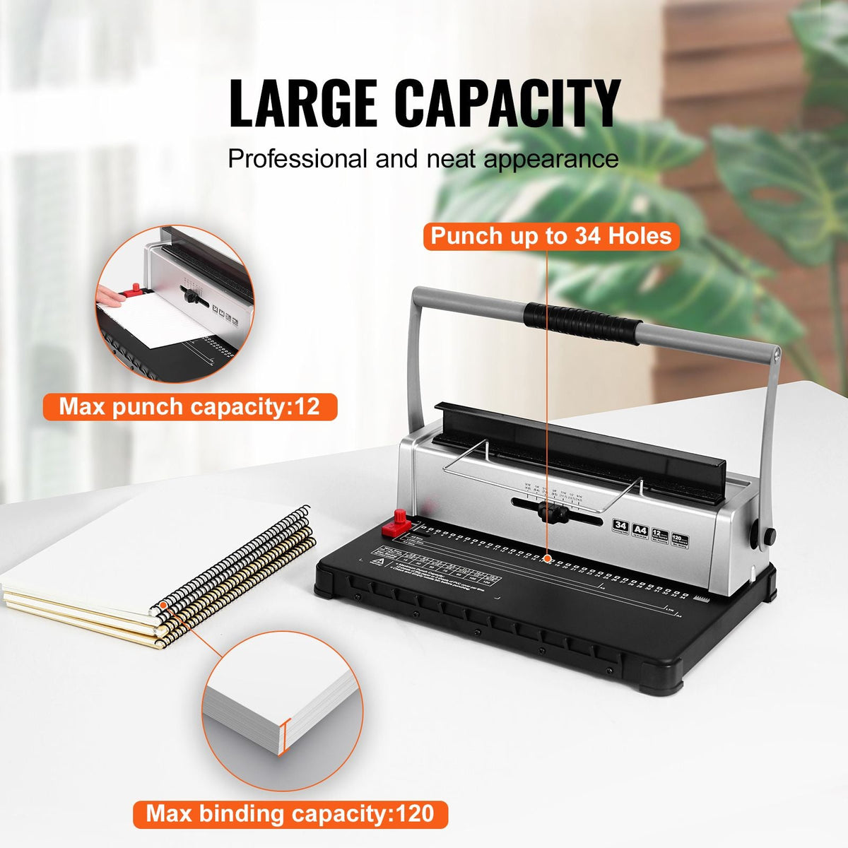 Coil Spiral Binding Machine, Manual Book Maker 34-Holes Binding 120 Sheets, Punch Binder with Adjustable 3/16" - 9/16" Coil Binding Spines and Side Margin, for Letter Size, A4, A5