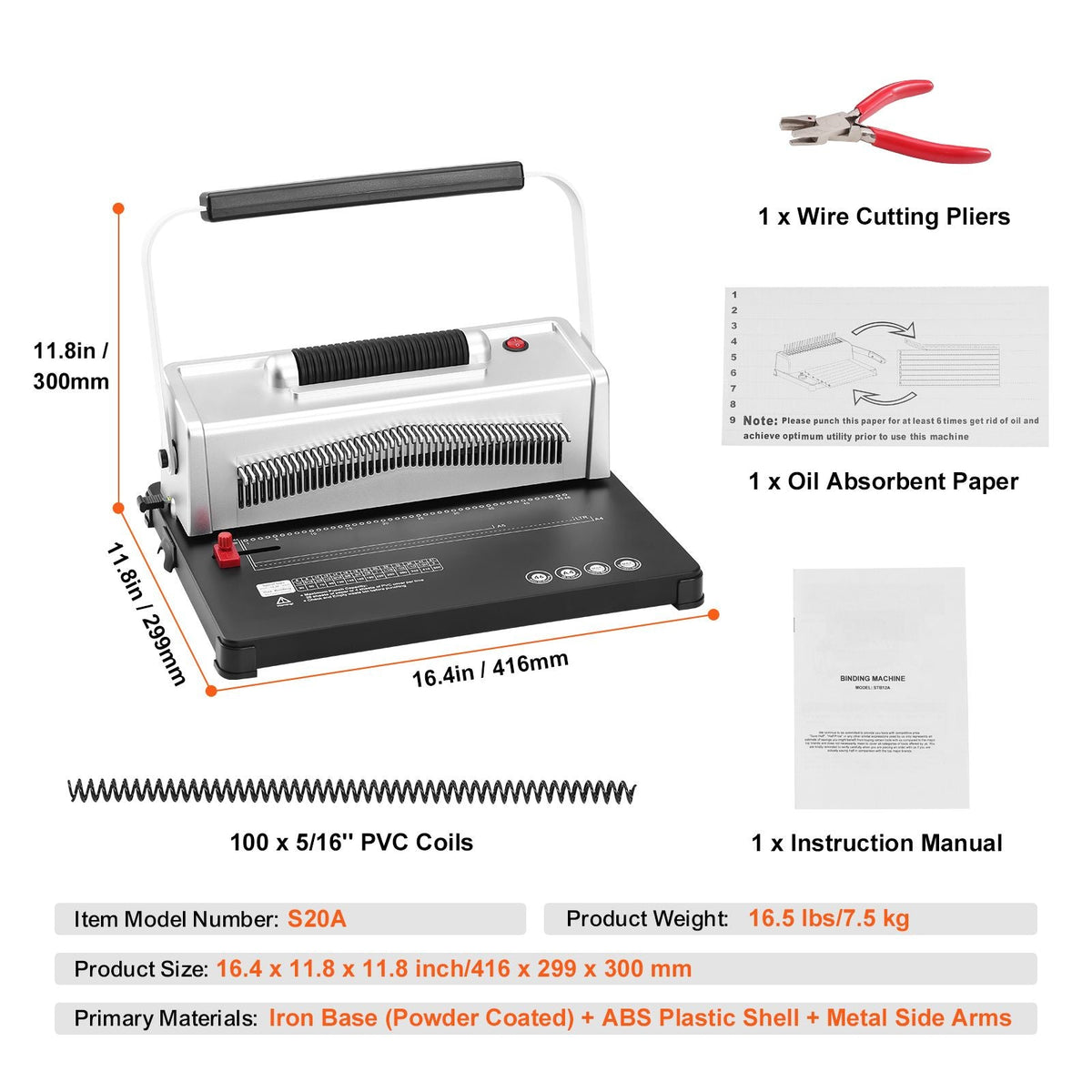 Coil Spiral Binding Machine, Manual Book Maker with Electric Binding, 46-Holes Binding 500 Sheets Punch Binder, with 100pcs 5/16'' Coil Binding Spines, for Letter Size, A4, A5
