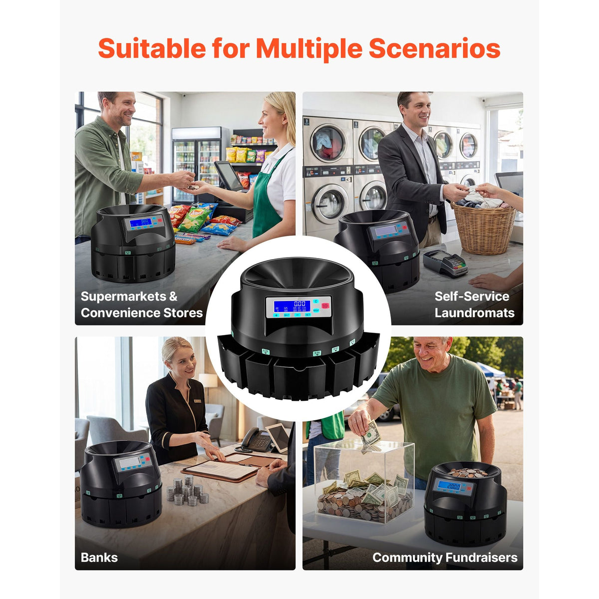Coin Counter Machine, 5 Denominations, Accurate Coin Sorter Machine, Sorts Up to 225 Coins Per Minute, USD Change Counter with LCD Display, Smooth Operation, Batch Feature, Holds 1500 Coins