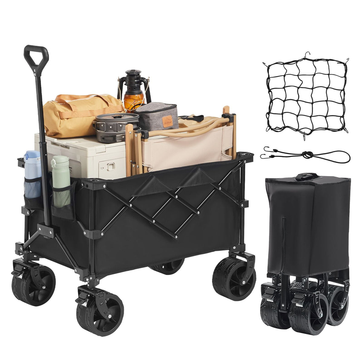 Collapsible Folding Wagon, 113 L Beach Wagon Cart with All-Terrain Wheels, Heavy Duty Folding Wagon Cart Max 250 lbs with Drink Holders, Sports Wagon for Camping, Shopping, Garden