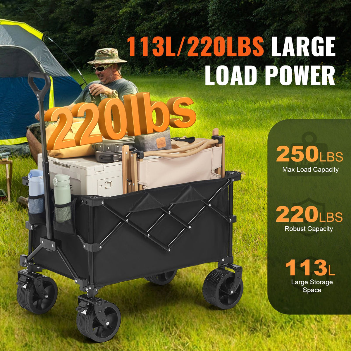 Collapsible Folding Wagon, 113 L Beach Wagon Cart with All-Terrain Wheels, Heavy Duty Folding Wagon Cart Max 250 lbs with Drink Holders, Sports Wagon for Camping, Shopping, Garden