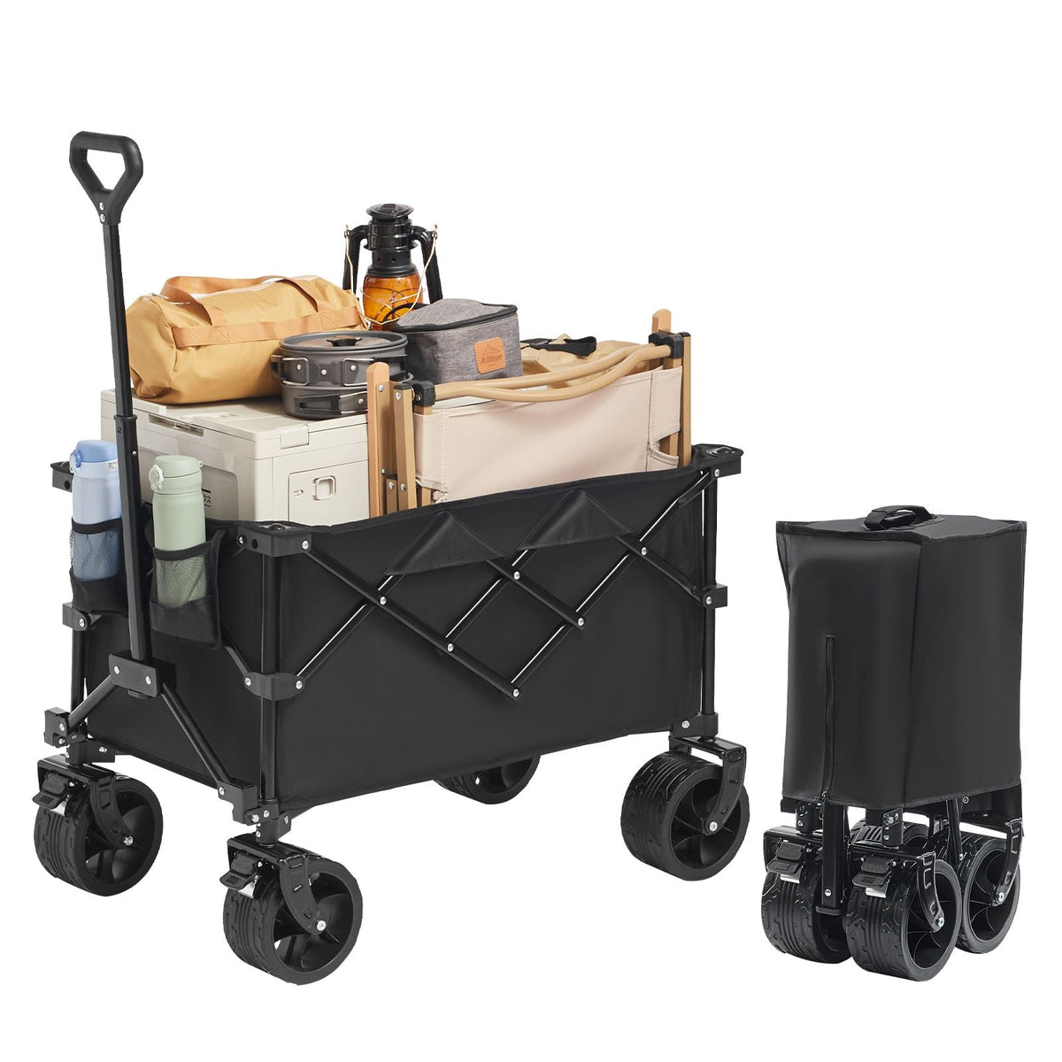 Collapsible Folding Wagon, 150 L Beach Wagon Cart with All-Terrain Wheels, Heavy Duty Folding Wagon Cart Max 265 lbs with Drink Holders, Sports Wagon for Camping, Shopping, Garden