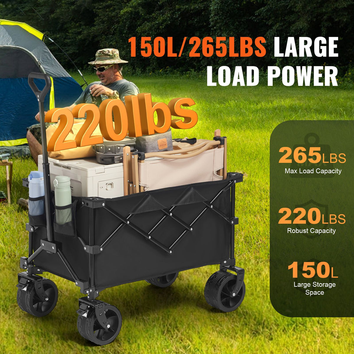 Collapsible Folding Wagon, 150 L Beach Wagon Cart with All-Terrain Wheels, Heavy Duty Folding Wagon Cart Max 265 lbs with Drink Holders, Sports Wagon for Camping, Shopping, Garden