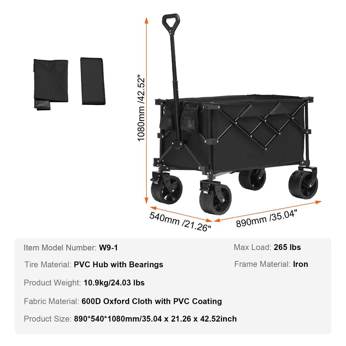 Collapsible Folding Wagon, 150 L Beach Wagon Cart with All-Terrain Wheels, Heavy Duty Folding Wagon Cart Max 265 lbs with Drink Holders, Sports Wagon for Camping, Shopping, Garden