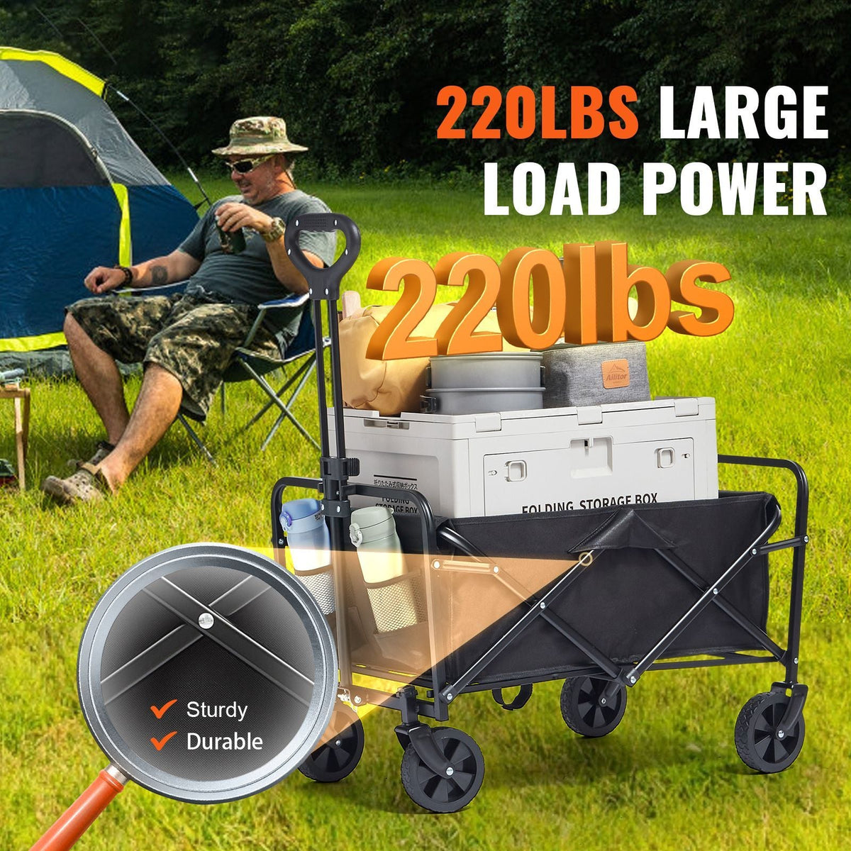 Collapsible Folding Wagon, 2 cu.ft Grass Wagon Cart with All-Terrain 5in Wheels, Heavy Duty Folding Wagon Cart 220 lbs Weight Capacity with Drink Holders, Wagon for Camping, Shopping, Garden