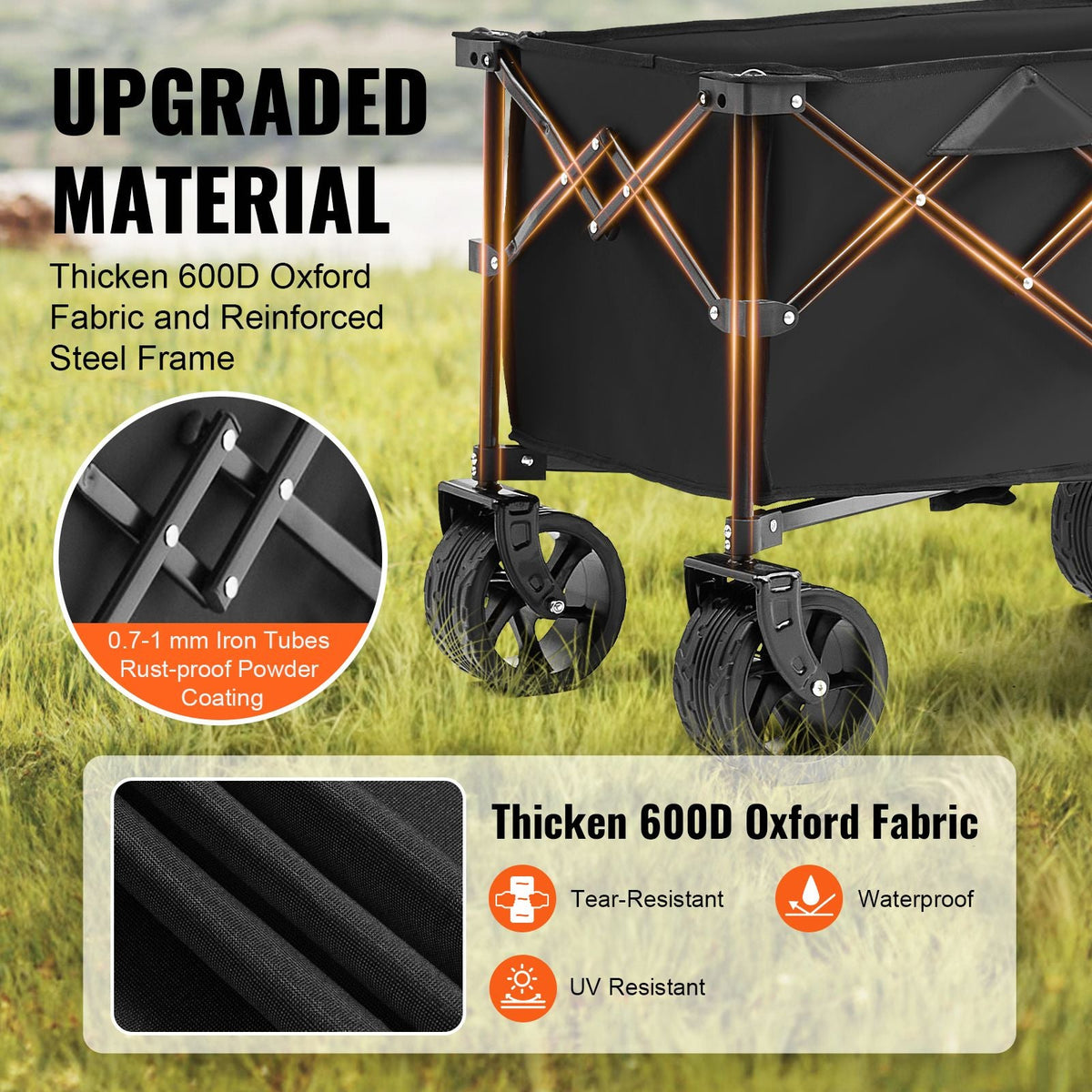 Collapsible Folding Wagon, 220 L Beach Wagon Cart with All-Terrain Wheels, Heavy Duty Folding Wagon Cart Max 330 lbs with Drink Holders, Sports Wagon for Camping, Shopping, Garden