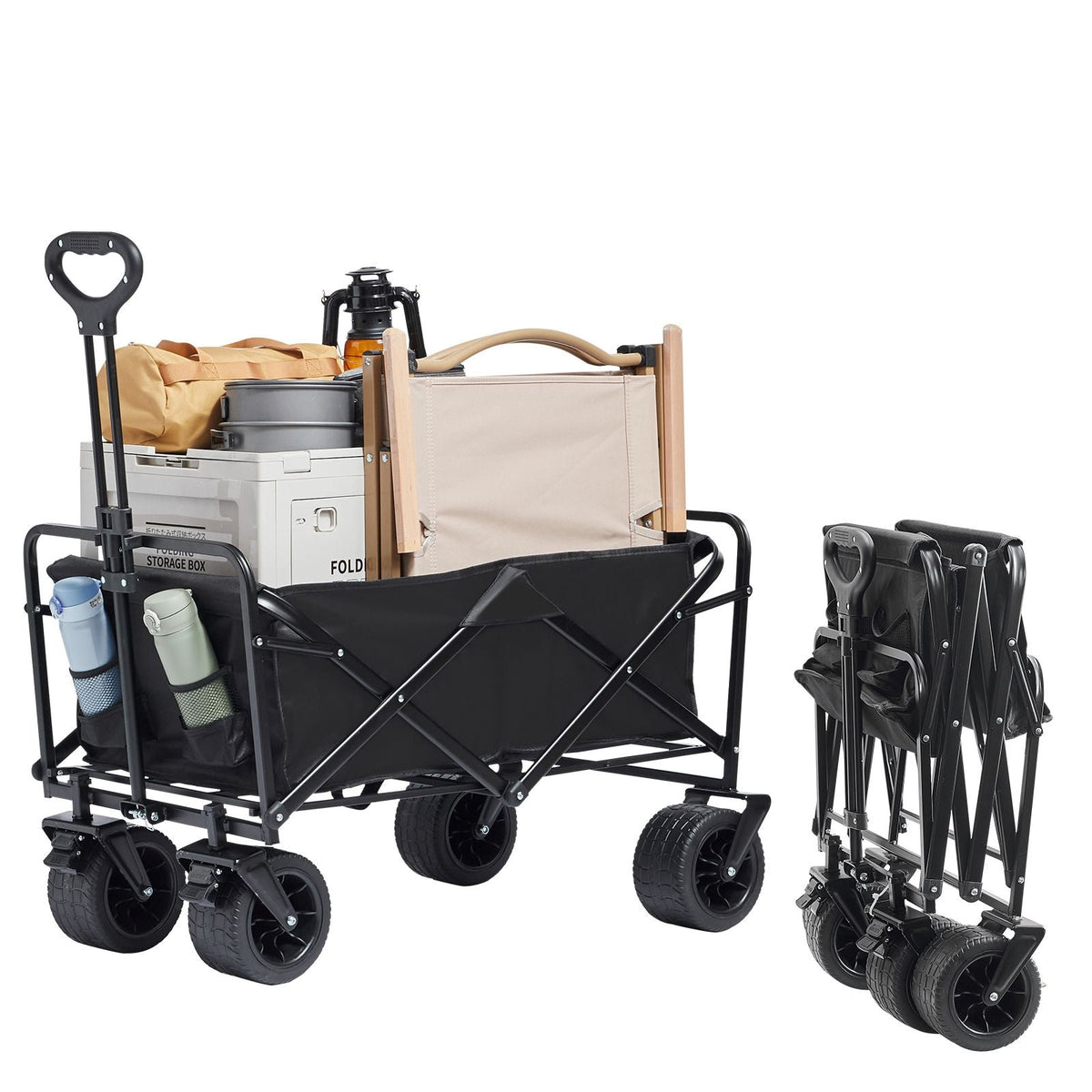 Collapsible Folding Wagon, 3 cu.ft Beach Wagon Cart with All-Terrain Wheels, Heavy Duty Folding Wagon Cart 350 lbs Weight Capacity with Drink Holders, Sports Wagon for Camping, Shopping, Garden