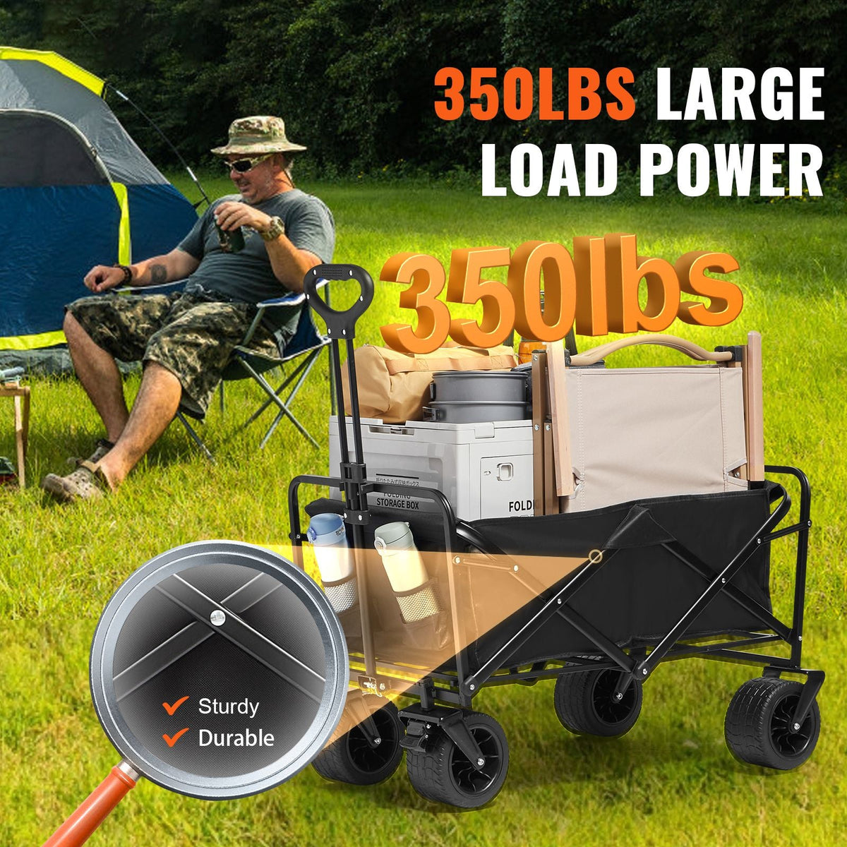 Collapsible Folding Wagon, 3 cu.ft Beach Wagon Cart with All-Terrain Wheels, Heavy Duty Folding Wagon Cart 350 lbs Weight Capacity with Drink Holders, Sports Wagon for Camping, Shopping, Garden