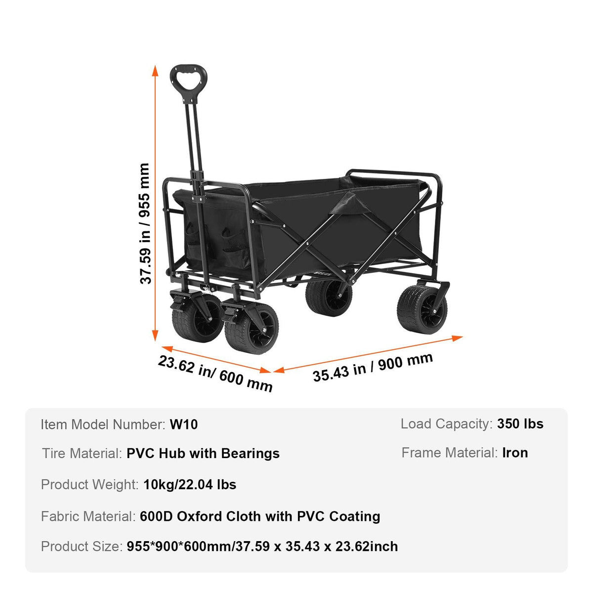 Collapsible Folding Wagon, 3 cu.ft Beach Wagon Cart with All-Terrain Wheels, Heavy Duty Folding Wagon Cart 350 lbs Weight Capacity with Drink Holders, Sports Wagon for Camping, Shopping, Garden