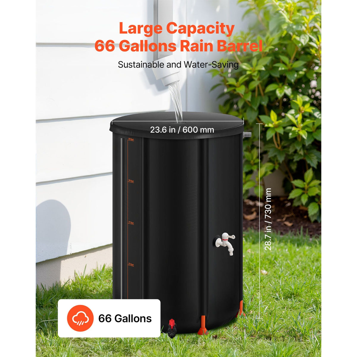 Collapsible Rain Barrel, 66 Gallon Portable Rain Water Collection Barrel, 500D PVC Rainwater Collection System, Garden Water Catcher Tank Storage Container with Spigot & Overflow Kit, Black