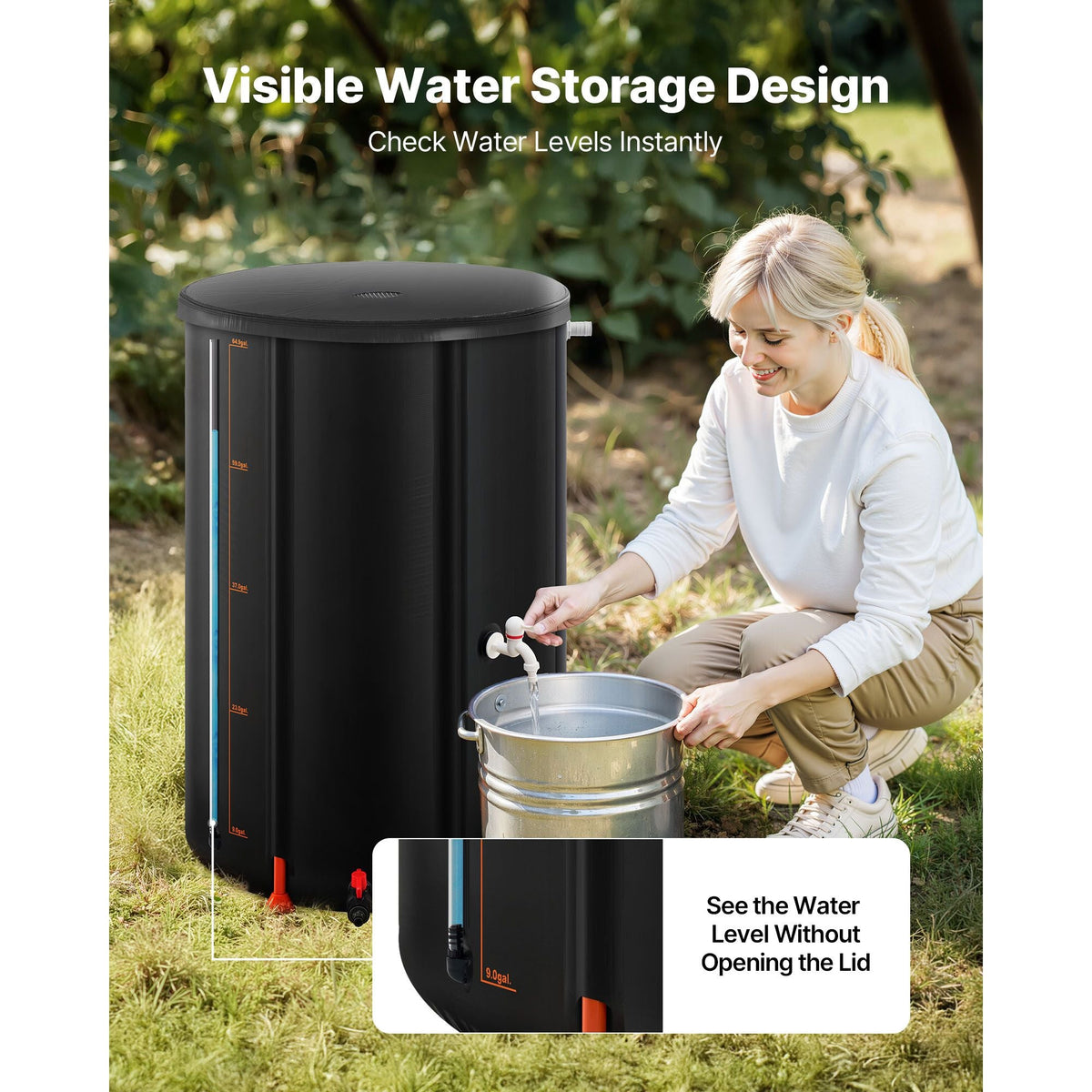 Collapsible Rain Barrel, 66 Gallon Portable Rain Water Collection Barrel, 500D PVC Rainwater Collection System, Garden Water Catcher Tank Storage Container with Spigot & Overflow Kit, Black