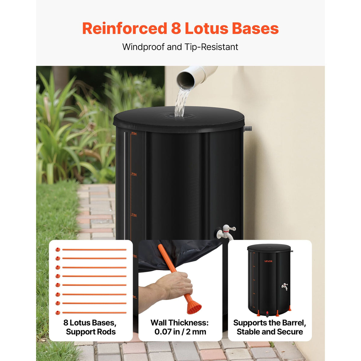 Collapsible Rain Barrel, 66 Gallon Portable Rain Water Collection Barrel, 500D PVC Rainwater Collection System, Garden Water Catcher Tank Storage Container with Spigot & Overflow Kit, Black