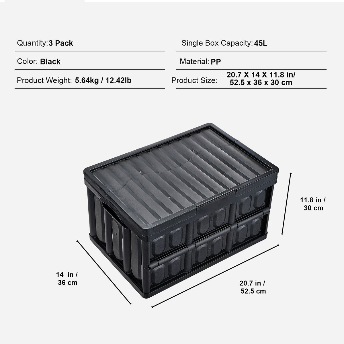 Collapsible Storage Bins with Lids, 45L 3 Packs, Folding Plastic Stackable Utility Crates with Handles, Large Heavy Duty Containers for Clothes, Toys, Books, Snack, Shoes, and Grocery Organizing