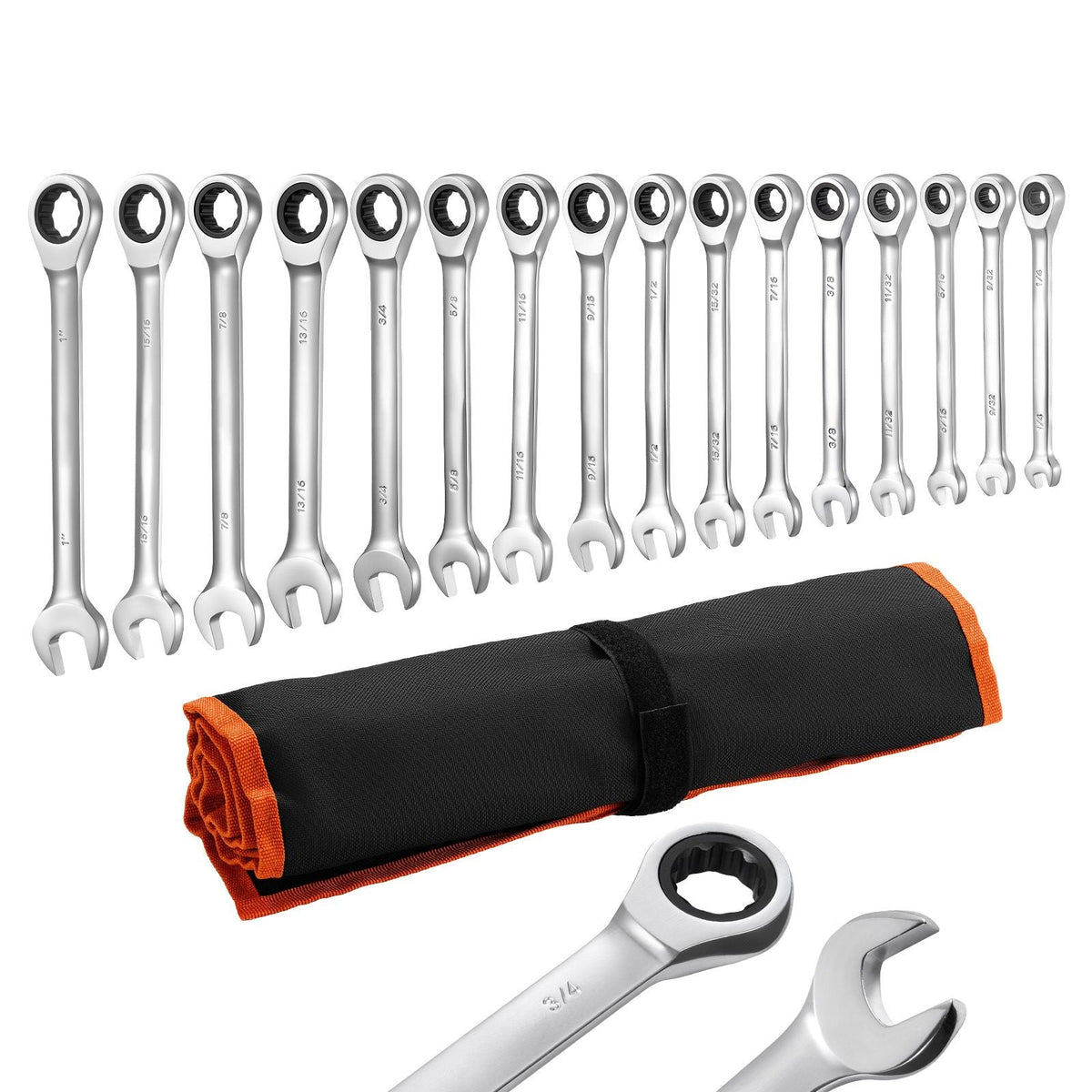 Combination Wrench Set, 16-Piece SAE Sizes, 72 Teeth, Cr-V Steel Ratcheting Wrench Set, with Roll Up Pouch, Open End, Clear Size Labels, for General Household and Automotive Repairs, Silver