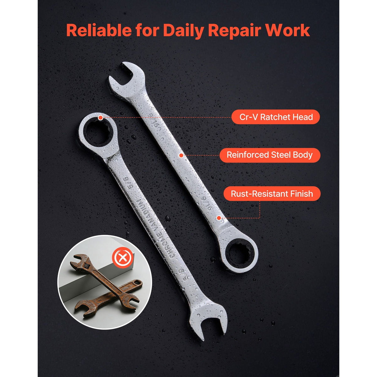 Combination Wrench Set, 16-Piece SAE Sizes, 72 Teeth, Cr-V Steel Ratcheting Wrench Set, with Roll Up Pouch, Open End, Clear Size Labels, for General Household and Automotive Repairs, Silver