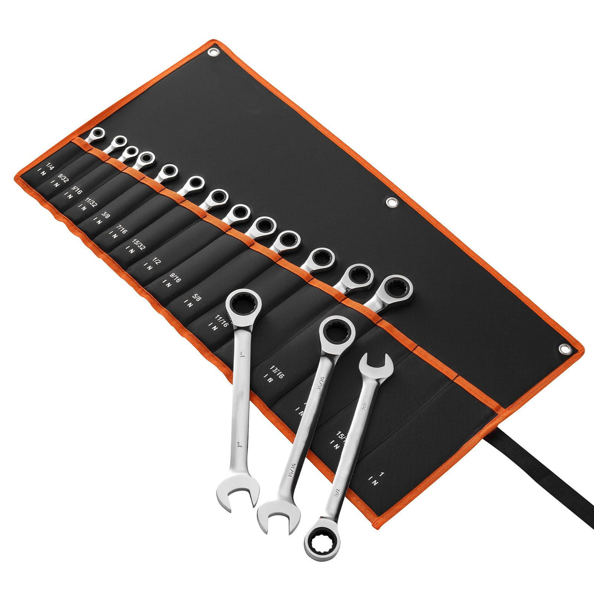 Combination Wrench Set, 16-Piece SAE Sizes, 72 Teeth, Cr-V Steel Ratcheting Wrench Set, with Roll Up Pouch, Open End, Clear Size Labels, for General Household and Automotive Repairs, Silver