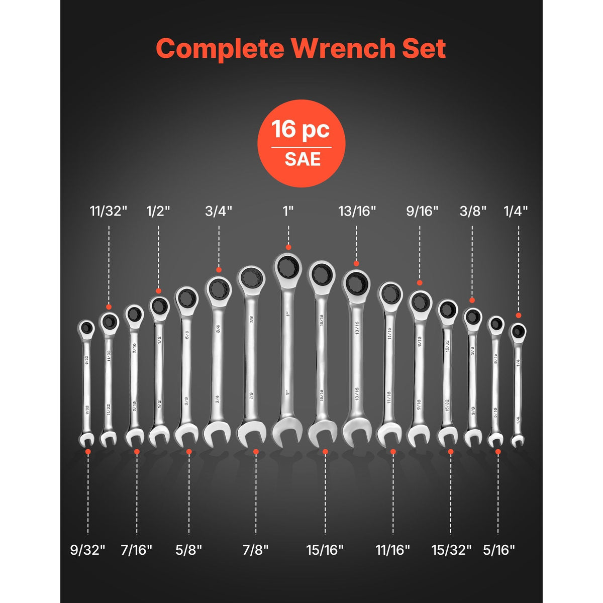 Combination Wrench Set, 16-Piece SAE Sizes, 72 Teeth, Cr-V Steel Ratcheting Wrench Set, with Roll Up Pouch, Open End, Clear Size Labels, for General Household and Automotive Repairs, Silver