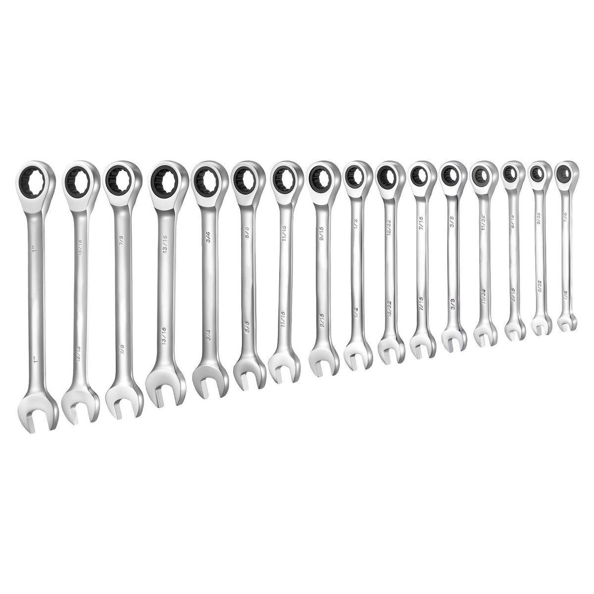 Combination Wrench Set, 16-Piece SAE Sizes, 72 Teeth, Cr-V Steel Ratcheting Wrench Set, with Roll Up Pouch, Open End, Clear Size Labels, for General Household and Automotive Repairs, Silver