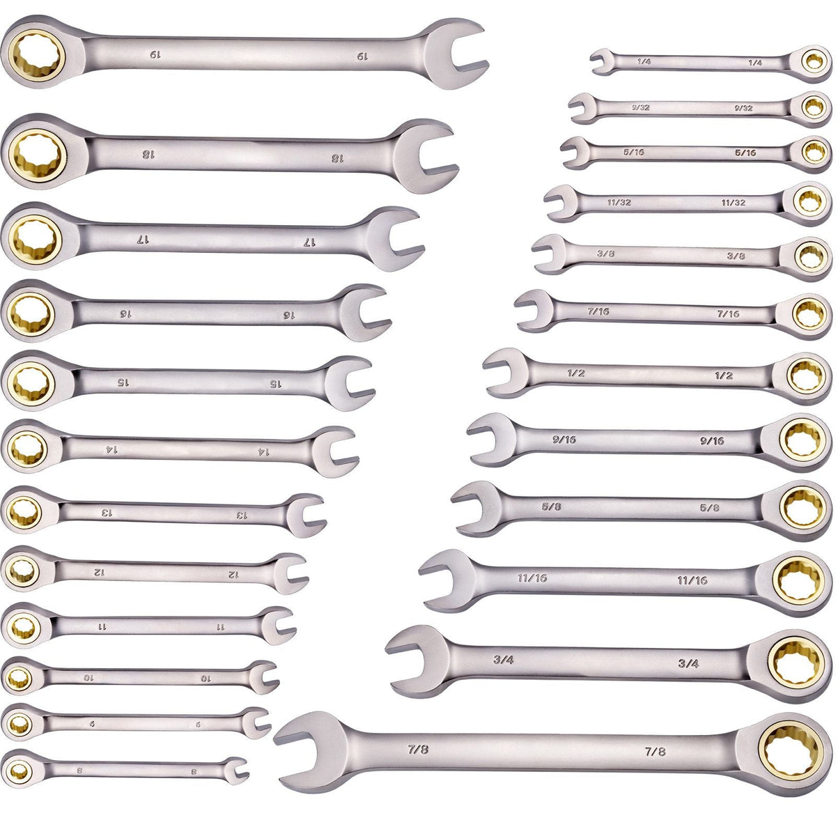 Combination Wrench Set, 24-Piece Ratcheting Wrench Set with Organizer Rack, Cr-V Steel Wrench Set SAE 1/4" to 7/8", Metric 8 mm to 19 mm, Ideal for General Household, Auto Repairs, Emergency