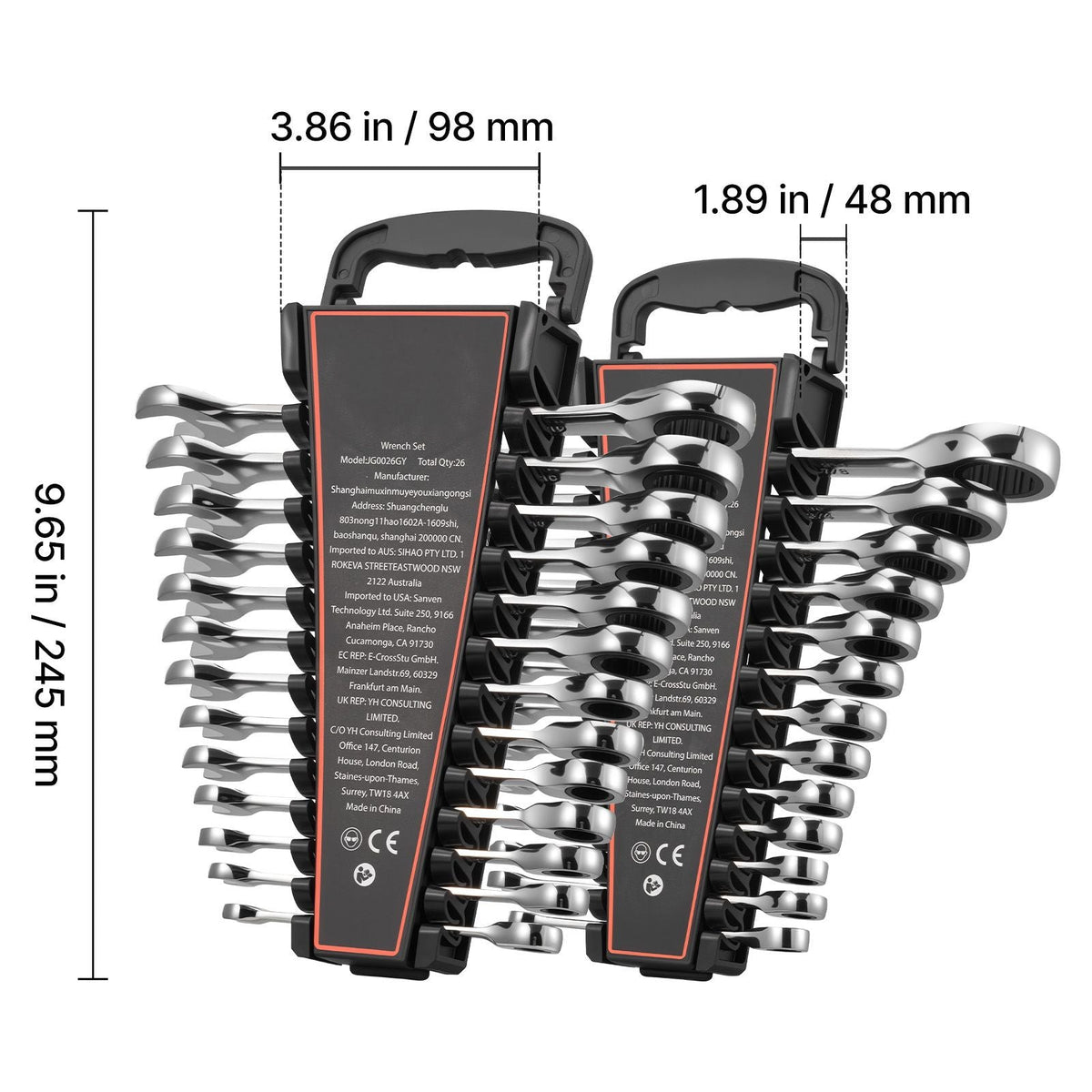 Combination Wrench Set, 26-Piece SAE and Metric, 72 Teeth, Cr-V Steel Ratcheting Wrench Set, with Rack Organizer, Open End, Clear Size Labels, for General Household, Automotive Repairs, Silver