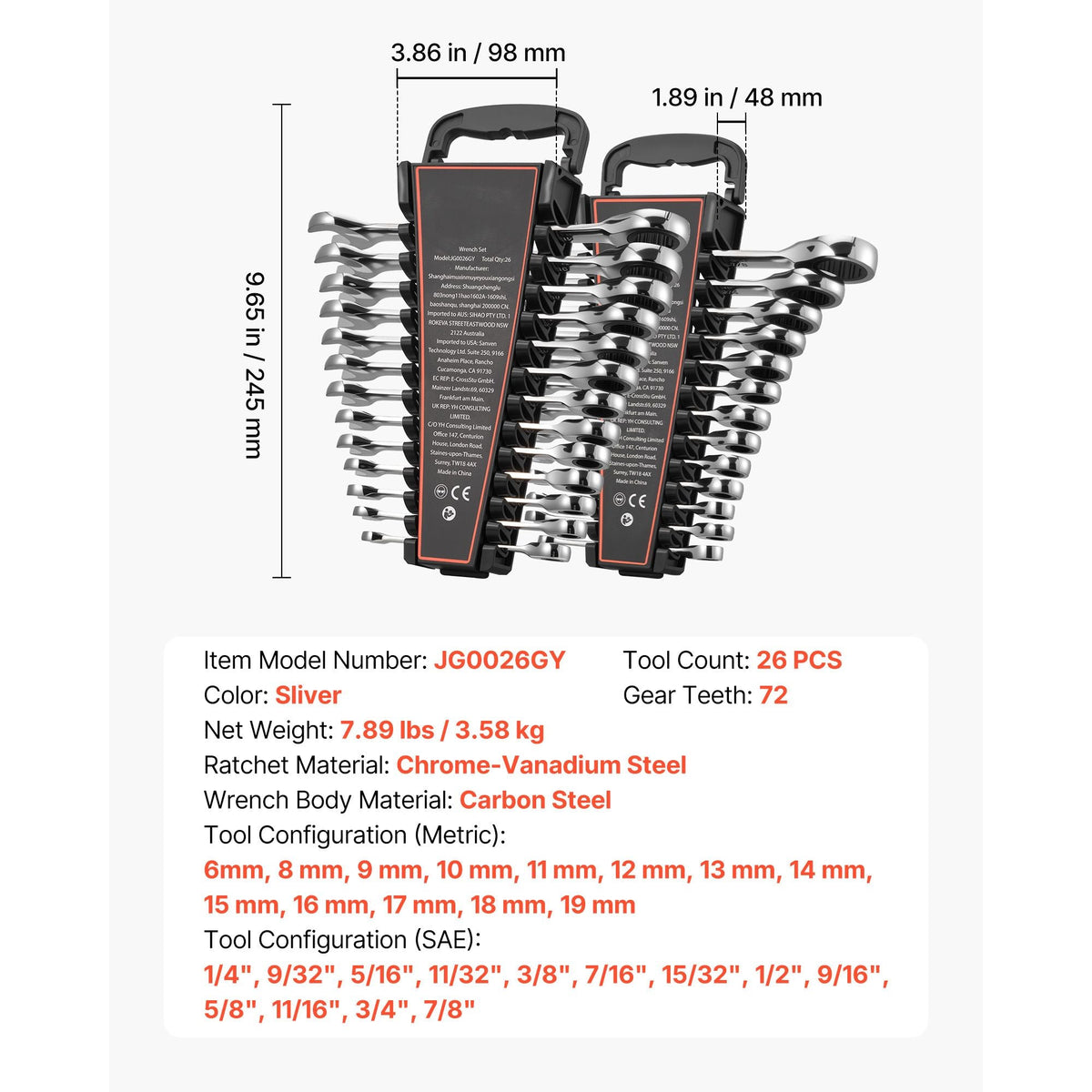 Combination Wrench Set, 26-Piece SAE and Metric, 72 Teeth, Cr-V Steel Ratcheting Wrench Set, with Rack Organizer, Open End, Clear Size Labels, for General Household, Automotive Repairs, Silver