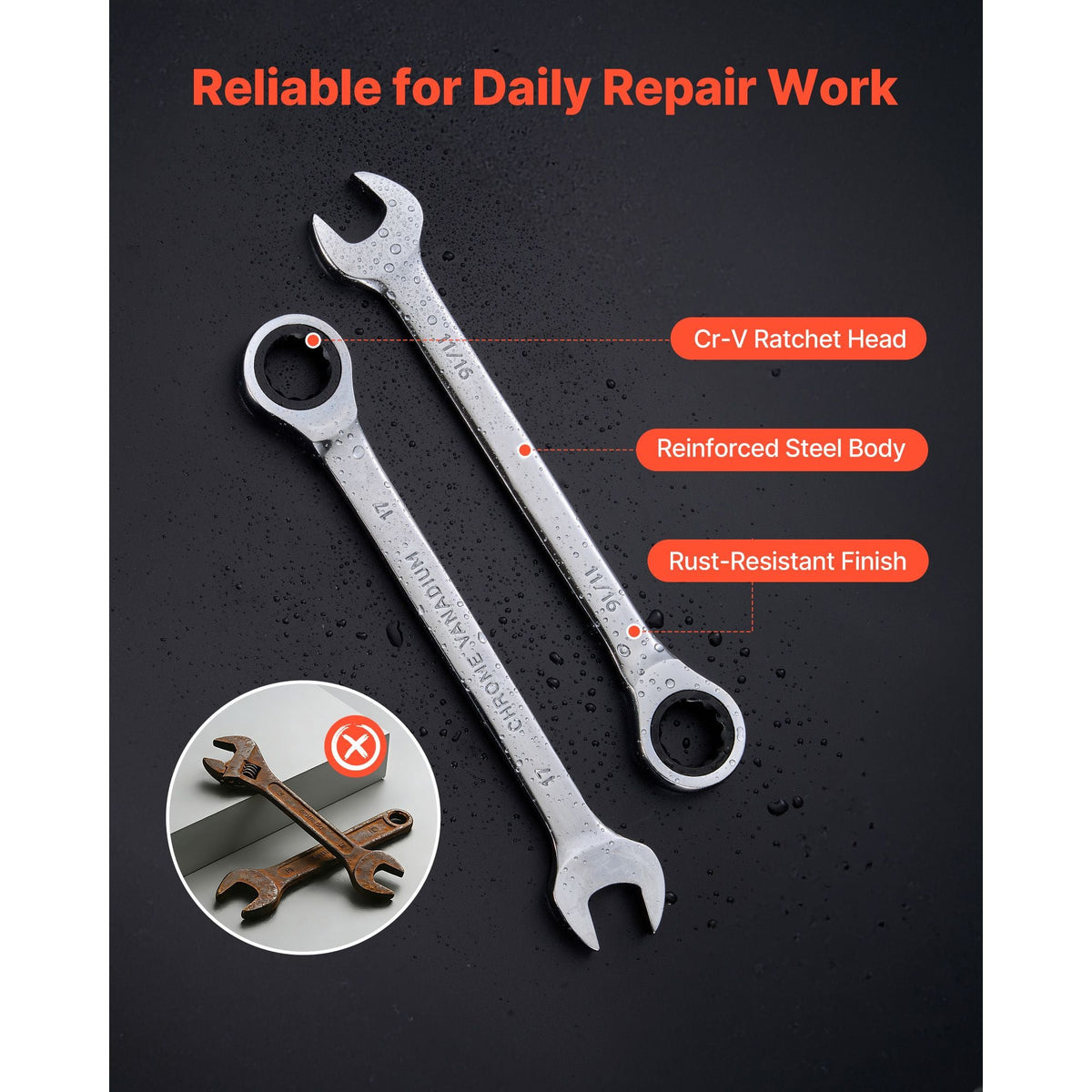 Combination Wrench Set, 26-Piece SAE and Metric, 72 Teeth, Cr-V Steel Ratcheting Wrench Set, with Rack Organizer, Open End, Clear Size Labels, for General Household, Automotive Repairs, Silver