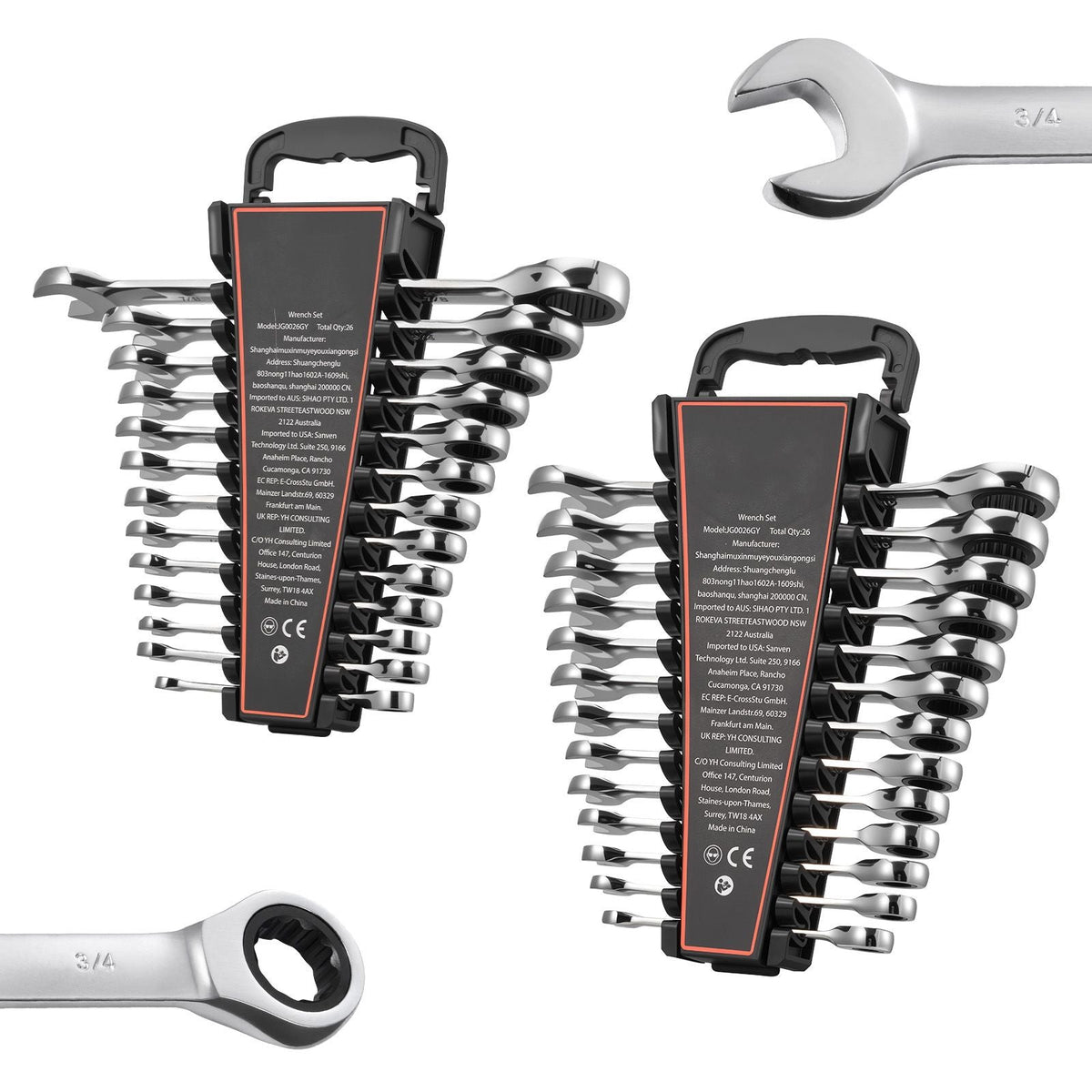 Combination Wrench Set, 26-Piece SAE and Metric, 72 Teeth, Cr-V Steel Ratcheting Wrench Set, with Rack Organizer, Open End, Clear Size Labels, for General Household, Automotive Repairs, Silver