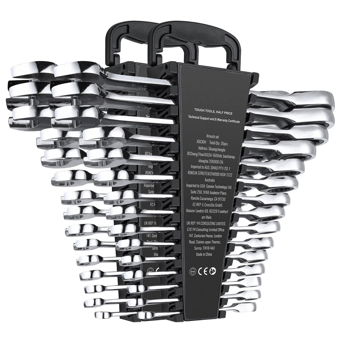 Combination Wrench Set, 30-Piece Ratcheting Wrench Set with Organizer Rack, Cr-V Steel Wrench Set SAE 1/4" to 1", Metric 8 mm to 24 mm, Ideal for General Household, Garage, Workshop, Emergency