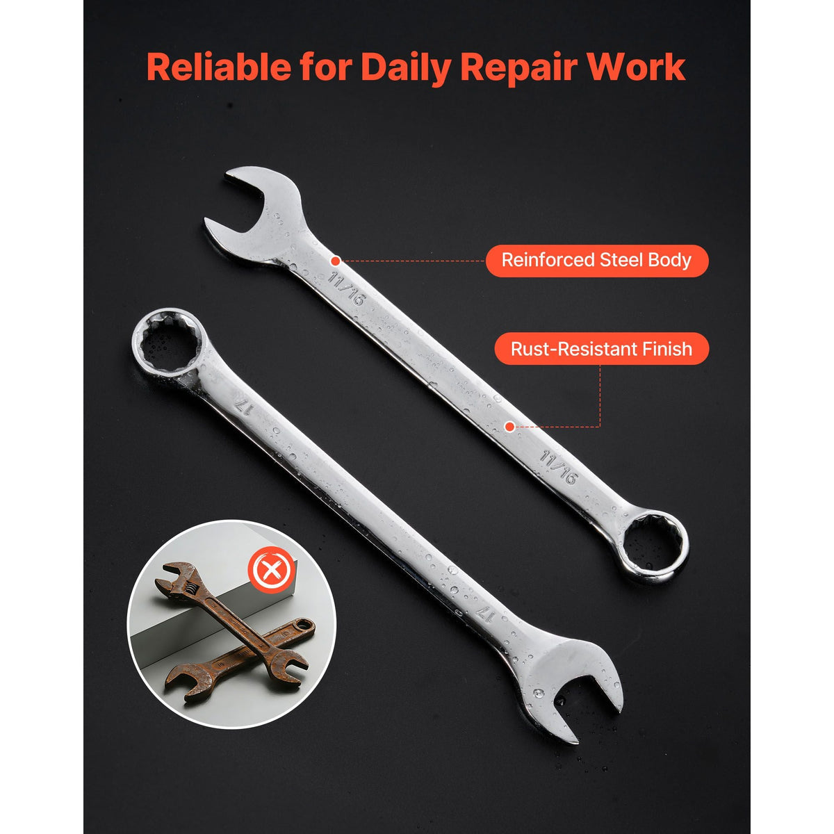 Combination Wrench Set, 44-Piece SAE and Metric, 12-Point Box End and 15° Angled Open End Combination Wrenches with Roll Up Pouch, Carbon Steel, for General Household and Automotive Repairs