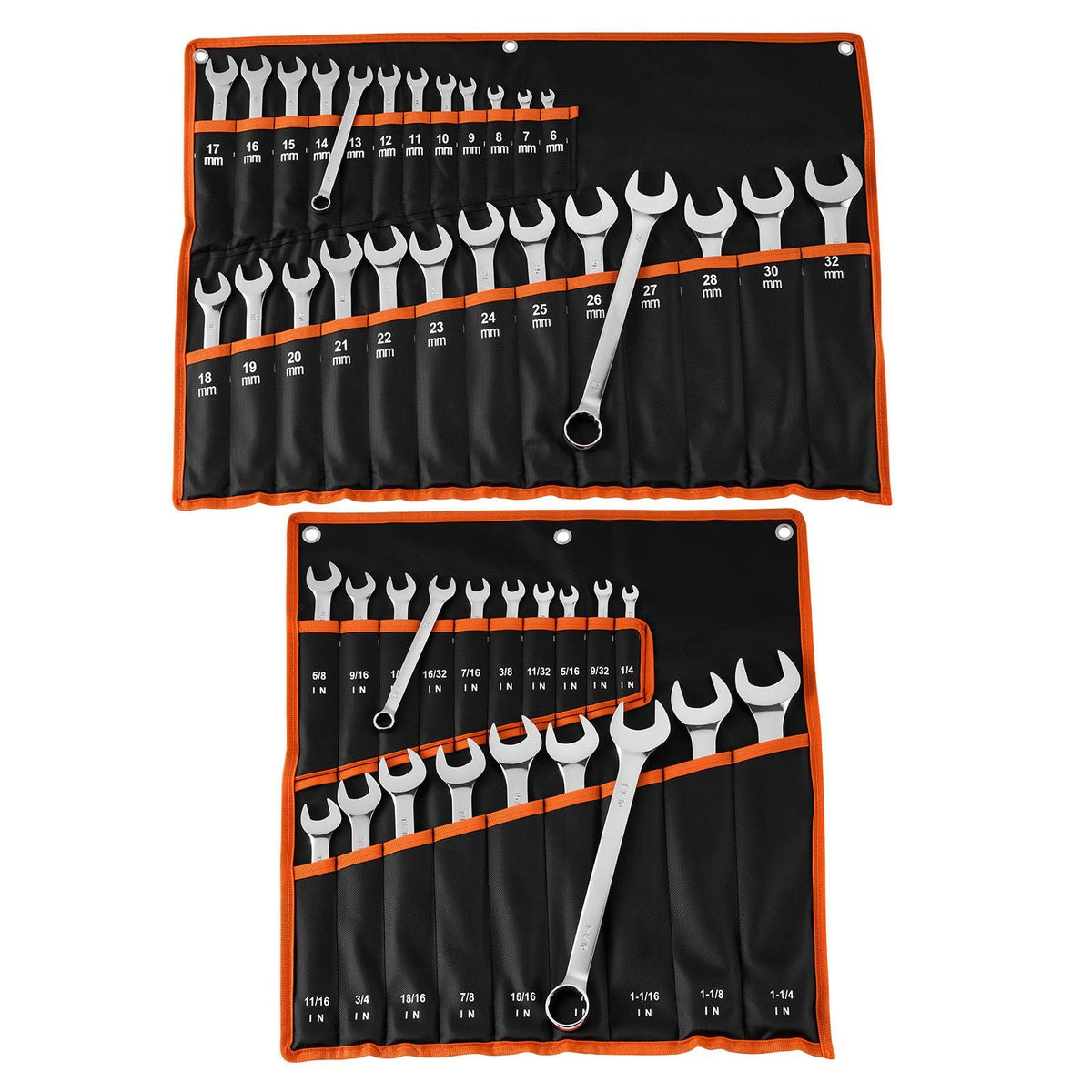 Combination Wrench Set, 44-Piece SAE and Metric, 12-Point Box End and 15° Angled Open End Combination Wrenches with Roll Up Pouch, Carbon Steel, for General Household and Automotive Repairs