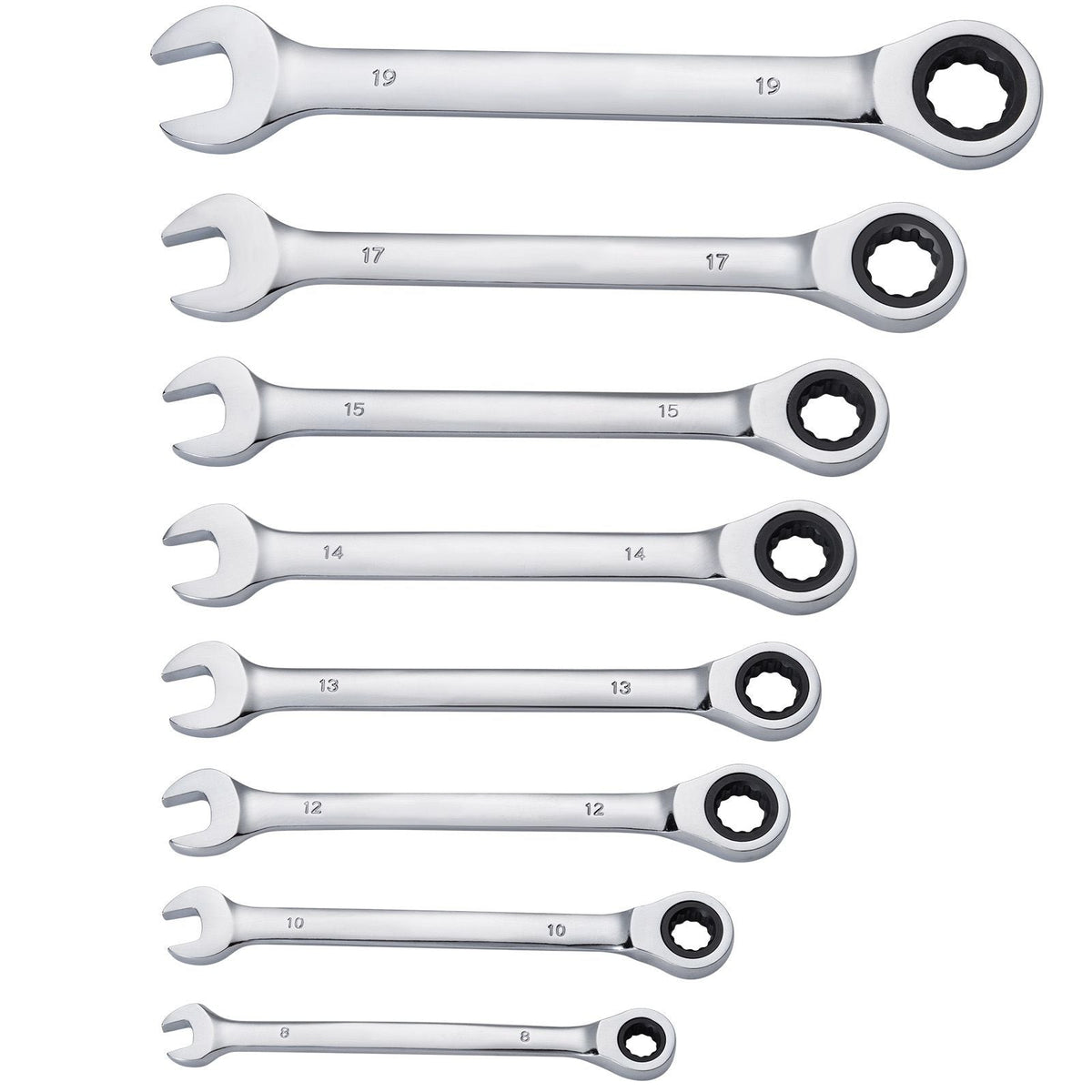 Combination Wrench Set, 8-Piece Ratcheting Wrench Set with Organizer Rack, Cr-V Steel Wrench Set Metric 8 mm to 19 mm, Ideal for General Household, Garage, Workshop, Auto Repairs, Emergency