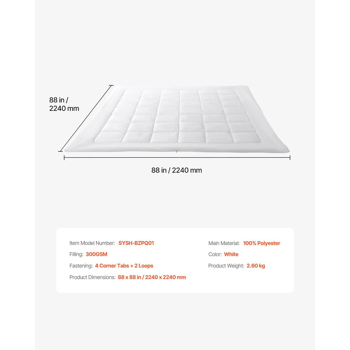 Comforter Duvet Insert, 88 x 88 in, Queen Size Down Alternative Comforter, Quilted All Season Duvet with 4 Tabs, Soft & Machine Washable, Box Stitched Bedding for Home Hotel, Women/Men, White