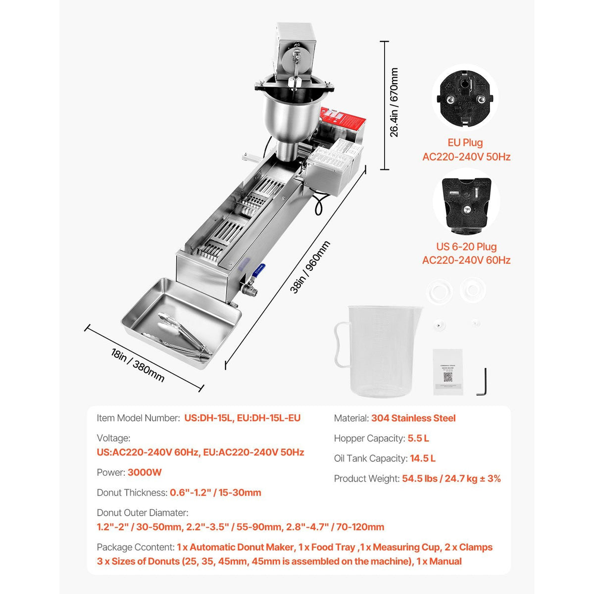 Commercial Automatic Donuts Machine, Single Row Donuts Making Equipment, 90 pcs/hour Electric High Power Doughnut Maker, Stainless Steel Frying Auto Fryer, with 3 Size Molds, Auto Counting