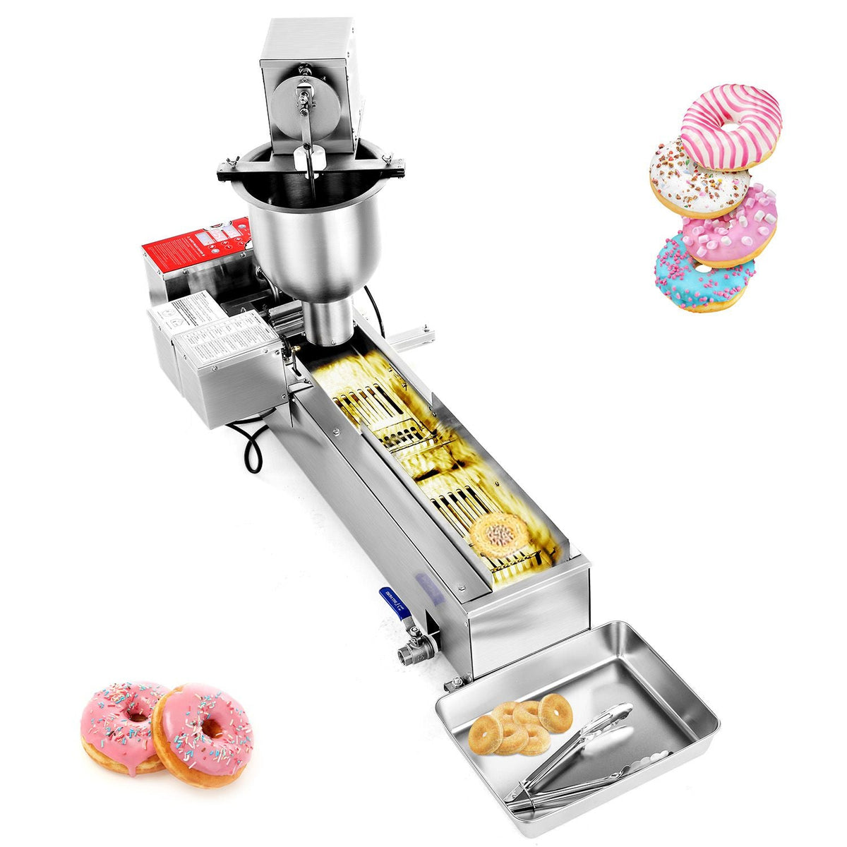 Commercial Automatic Donuts Machine, Single Row Donuts Making Equipment, 90 pcs/hour Electric High Power Doughnut Maker, Stainless Steel Frying Auto Fryer, with 3 Size Molds, Auto Counting
