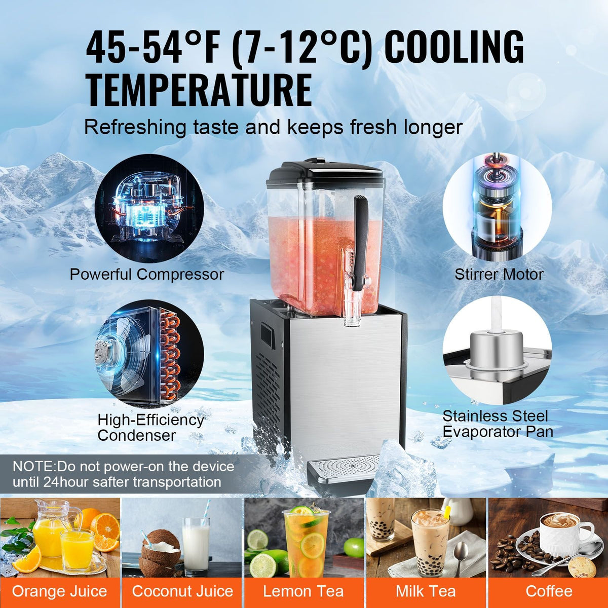 Commercial Beverage Dispenser, 12 L / 12.7 QT Juice Dispenser, 246W 304 Stainless Steel Food Grade Ice Tea Drink Machine with 45 Fahrenheit -54 Fahrenheit Cooling Temperature