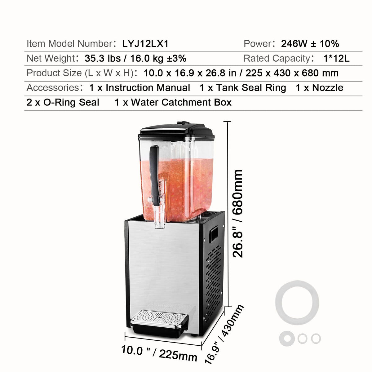 Commercial Beverage Dispenser, 12 L / 12.7 QT Juice Dispenser, 246W 304 Stainless Steel Food Grade Ice Tea Drink Machine with 45 Fahrenheit -54 Fahrenheit Cooling Temperature